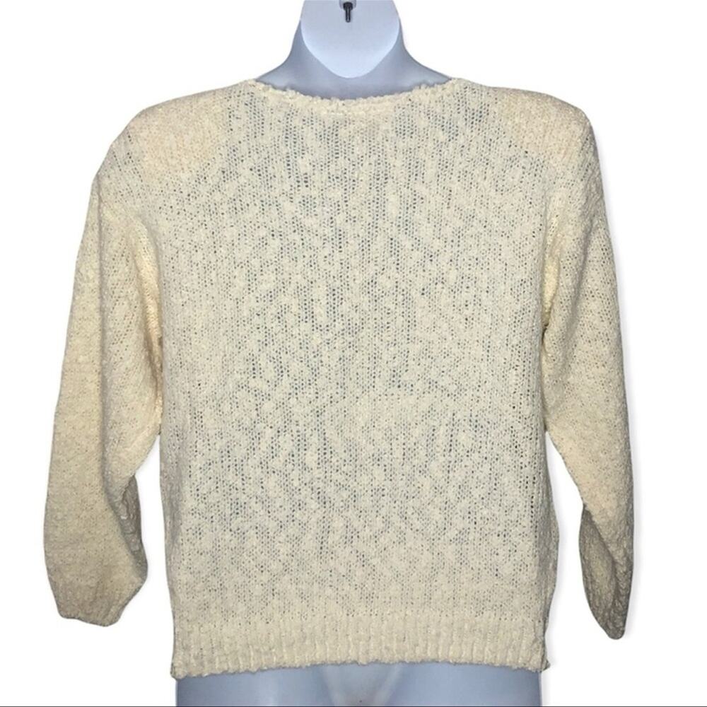 Vintage 90s Floral Embroidered Sweater L Cream Pearl Applique Cottagecore Retro - Picture 6 of 14